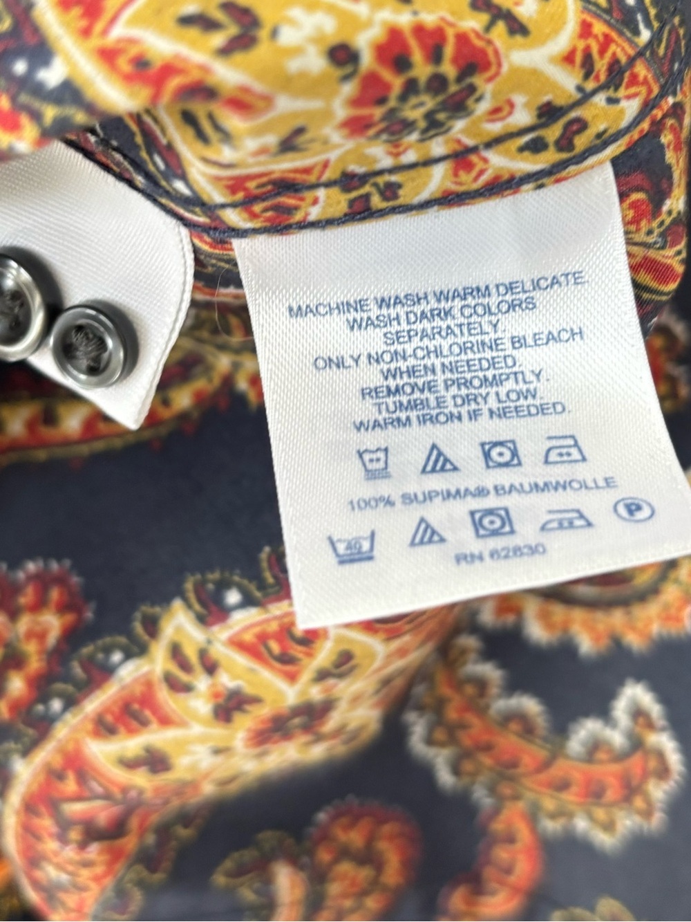 Lands' End Supima Cotton Button-Down Shirt Navy Orange Yellow Paisley Western - Picture 8 of 8